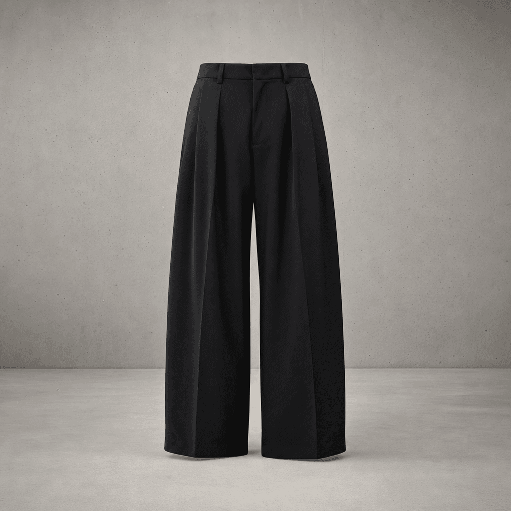 Concrete Trouser in black heavy twill, relaxed wide leg, on-body 3/4 crop