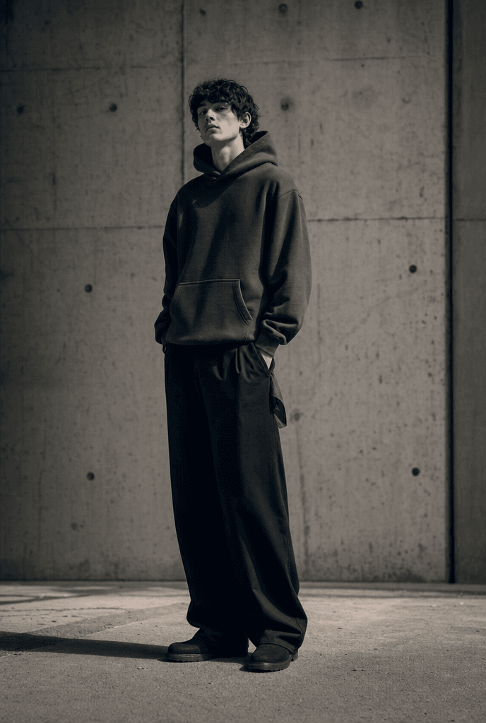 Model in charcoal 14oz hoodie and black wide-leg trousers against raw concrete wall — quiet, confident stance, hard north light