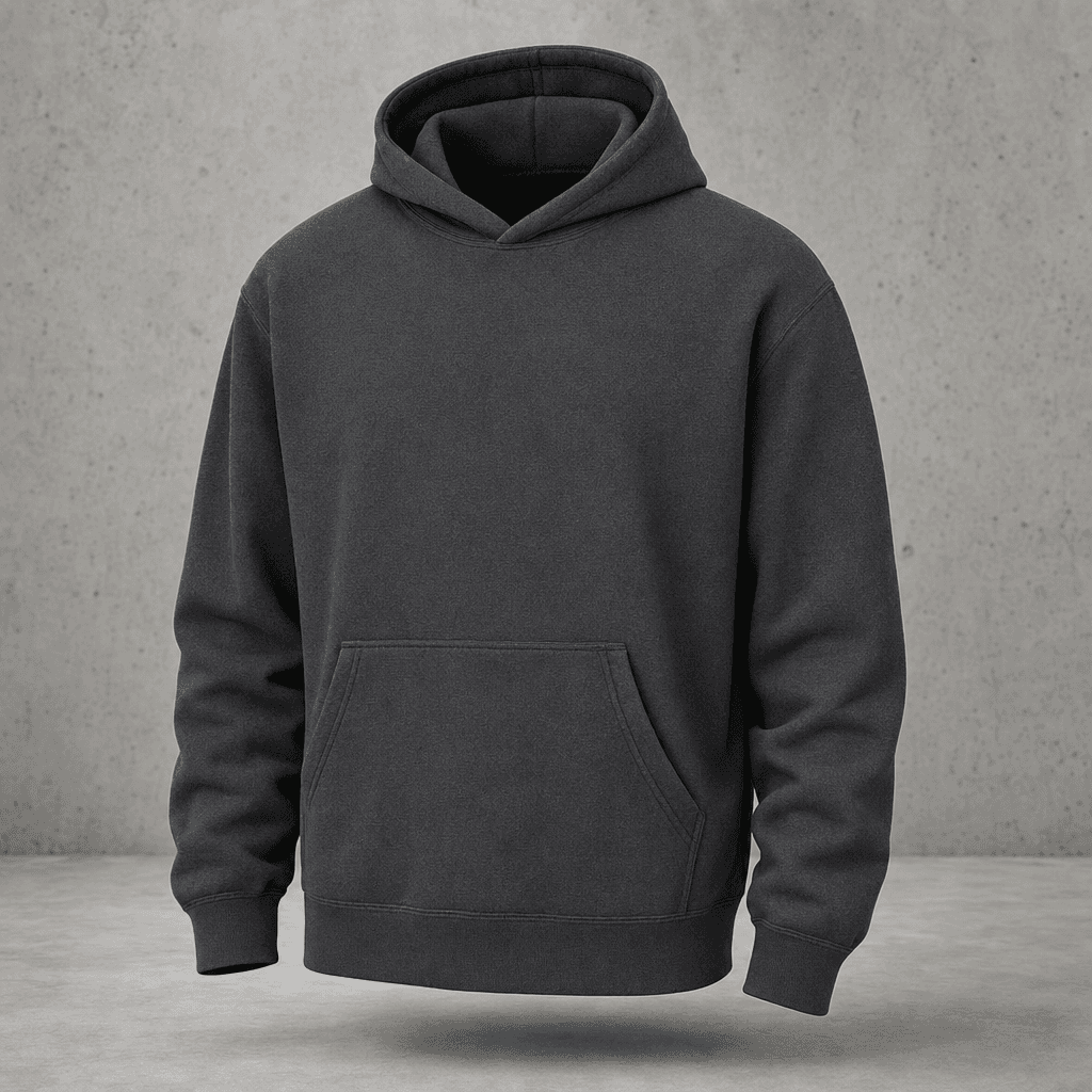 The 14oz Hoodie in charcoal, boxy structured silhouette against raw concrete backdrop