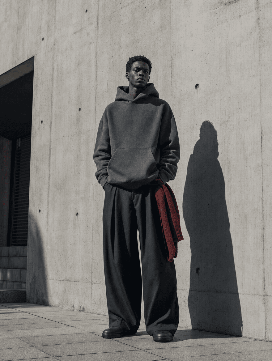 Full-body Concrete fit — model walking a brutalist underpass wearing the Drop 04 heavyweight set, desaturated cinematic grade