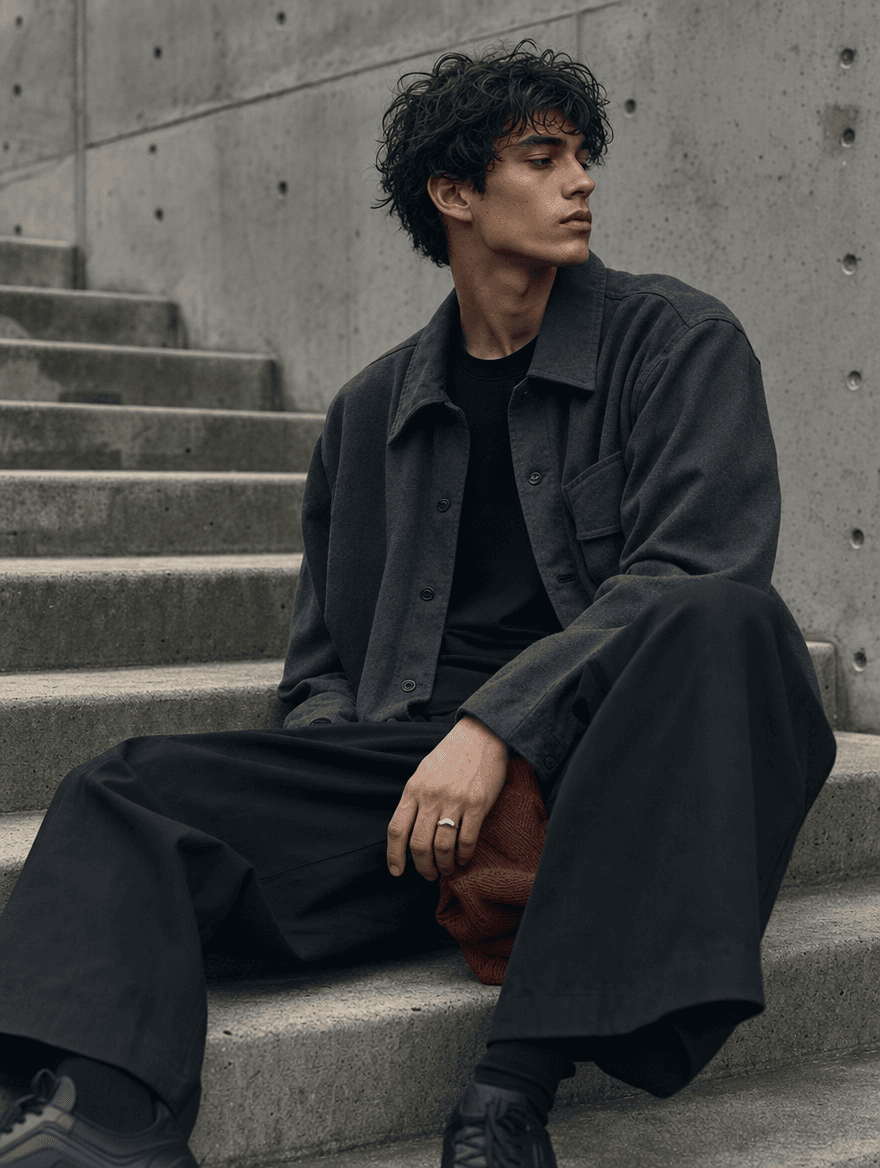Mason Overshirt layered over the 16oz tee, model mid-stride on concrete, Drop 04 editorial