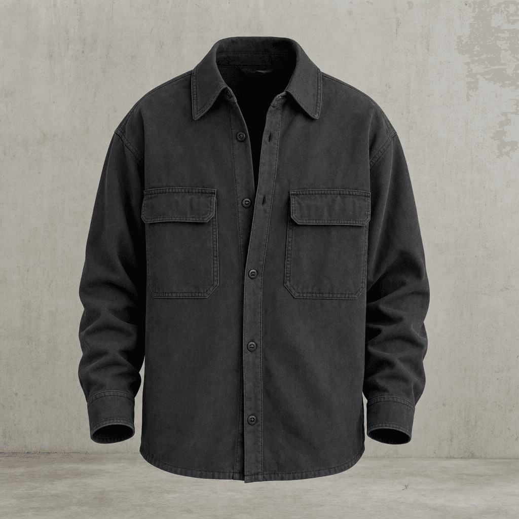 Mason Overshirt in slate grey brushed canvas, worn open over tee, on-body editorial