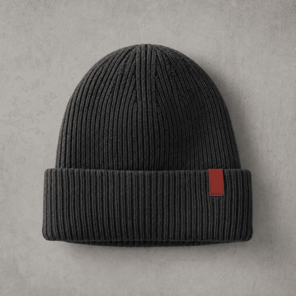 Tab Beanie in charcoal merino blend, on-head 3/4 portrait, single brick-red woven tab accent