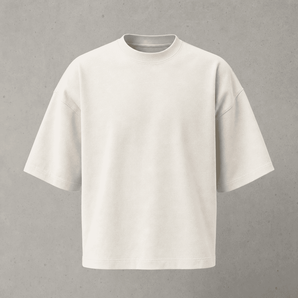 The 16oz Tee in bone off-white, on-body torso crop with sleeve roll detail
