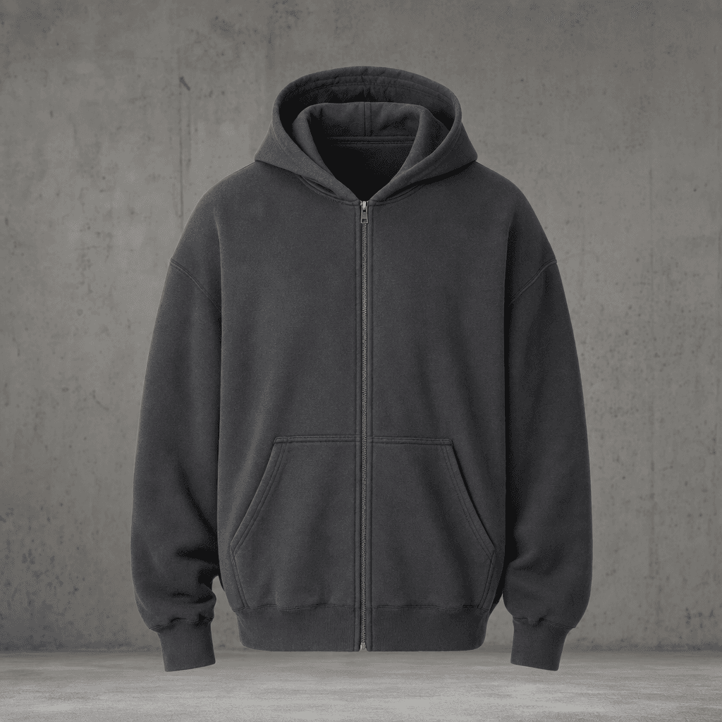 Zip Hoodie in bone off-white, hands-in-pocket stance, 14oz French terry